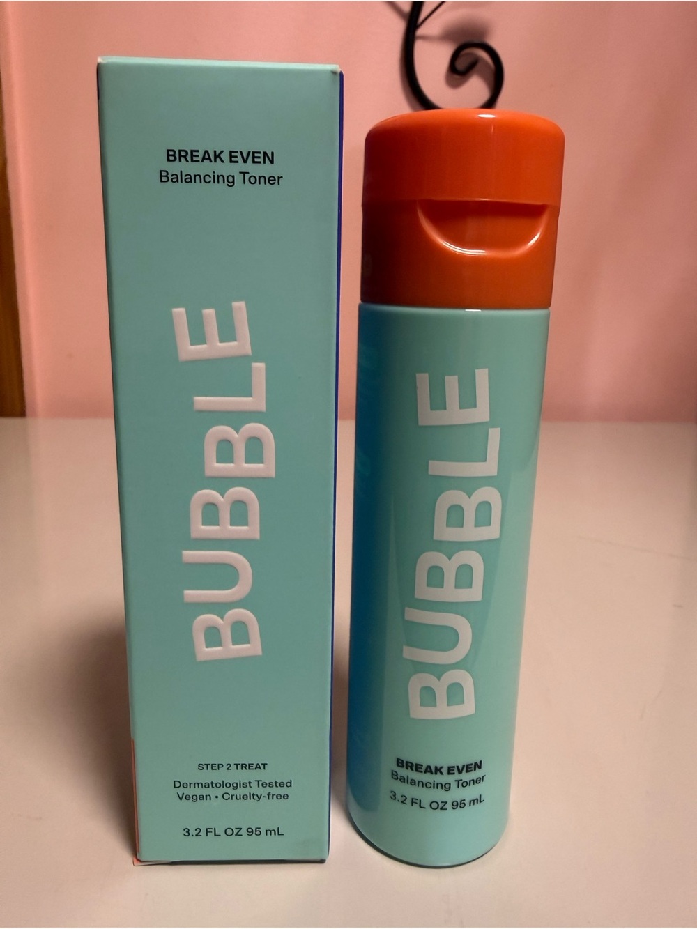 3.2 FL OZ bottle and box of Bubble Skincare Break Even Balancing Toner designed